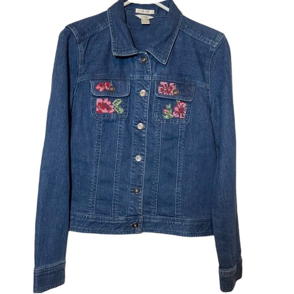 Christopher & Banks Cross Stitch Denim Jacket Embroidered Stretch Blue Floral S